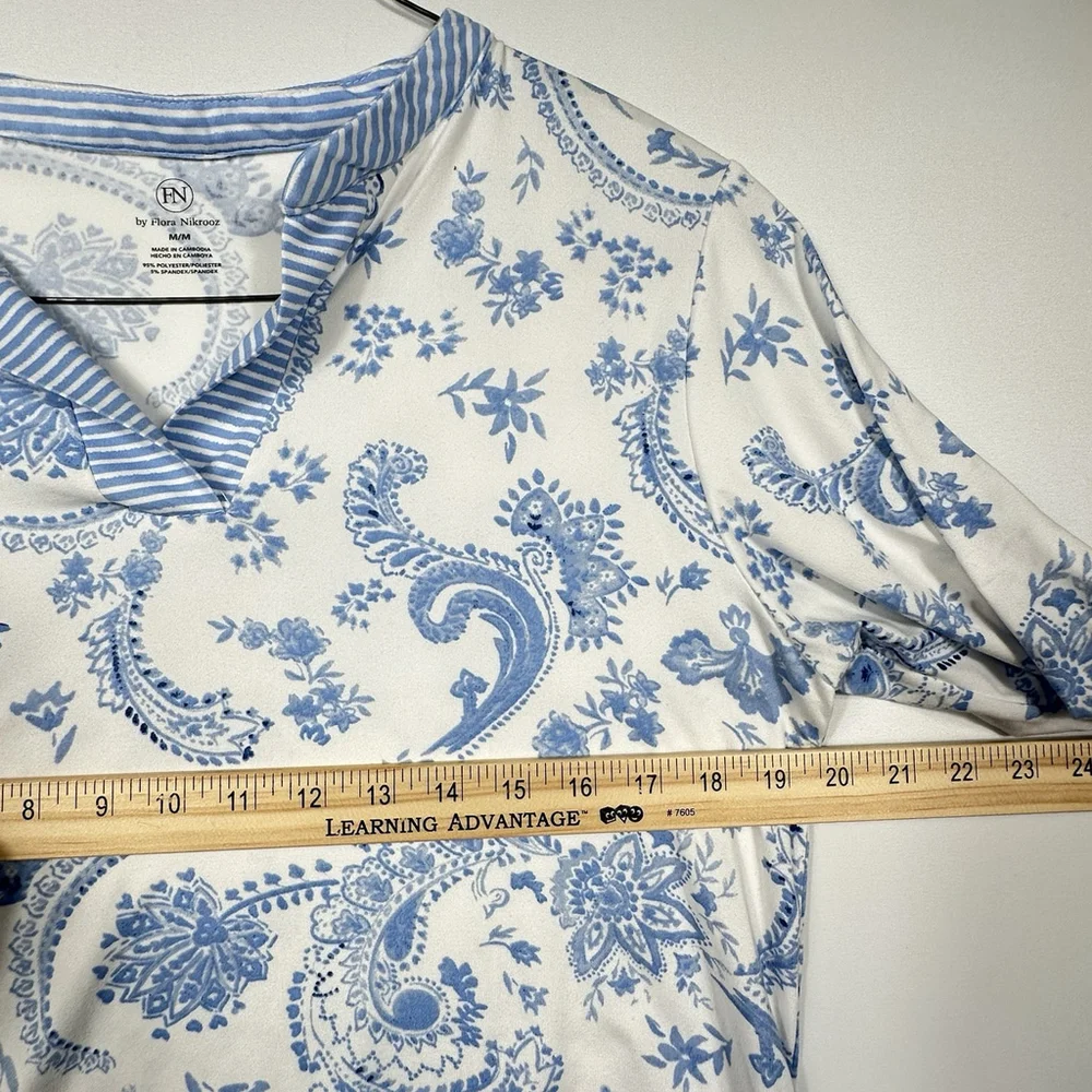 Flora Nikroo Paisley 3/4 Sleeve V Neck Pajama Shirt White Blue Size Medium - Picture 7 of 8
